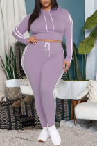 Purple Casual Solid Draw String Hooded Collar Plus Size Two Pieces