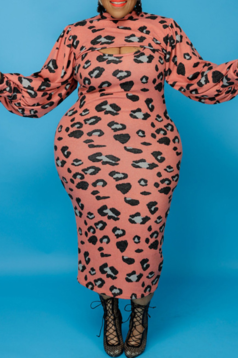 

Pink Fashion Casual Print Hollowed Out Turtleneck Plus Size Two Pieces