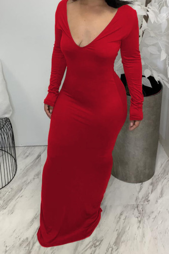 Red Sexy Solid Patchwork V Neck Dresses
