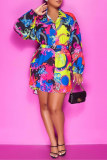 Multicolor Fashion Casual Print With Belt Turndown Collar Shirt Dress