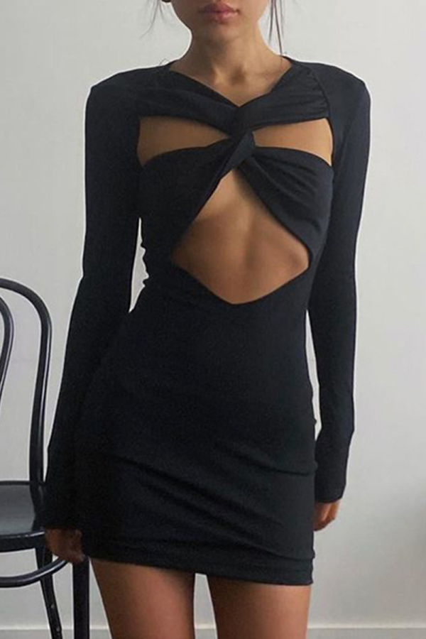 Black Sexy Solid Hollowed Out V Neck Pencil Skirt Dresses