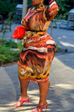 Orange Fashion Casual Print With Belt O Neck Long Sleeve Plus Size Dresses