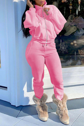 Pink Casual Solid Patchwork Zipper Zipper Collar Long Sleeve Two Pieces