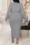 Grey Fashion Casual Solid Bandage O Neck Plus Size Two Pieces