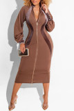 Green Fashion Casual Solid Patchwork Zipper Collar Long Sleeve Dresses
