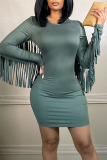 Black Casual Solid Tassel Patchwork O Neck One Step Skirt Dresses