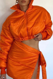 Orange Sexy Solid Patchwork Slit Mandarin Collar Long Sleeve Two Pieces