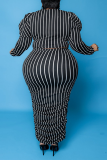 Black Casual Striped Patchwork O Neck Pencil Skirt Plus Size Two Pieces