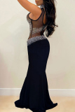 Black Fashion Sexy Patchwork Hot Drilling See-through Turtleneck Evening Dress