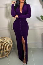Purple Sexy Solid Patchwork Buckle Turndown Collar One Step Skirt Dresses