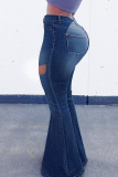 Deep Blue Fashion Casual Solid Ripped Plus Size Jeans