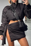 Black Sexy Solid Patchwork Slit Mandarin Collar Long Sleeve Two Pieces