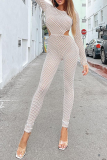 White Sexy Solid Hollowed Out Split Joint O Neck Skinny Jumpsuits