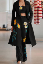 Black Casual Print Patchwork Turn-back Collar Long Sleeve Two Pieces