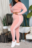 Pink Casual Solid Draw String Hooded Collar Plus Size Two Pieces