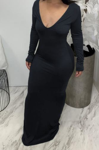 Black Sexy Solid Patchwork V Neck Dresses