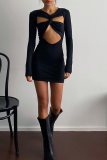 Black Sexy Solid Hollowed Out V Neck Pencil Skirt Dresses