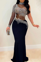 Black Fashion Sexy Patchwork Hot Drilling See-through Turtleneck Evening Dress