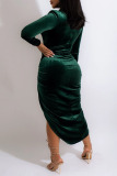 Ink Green Elegant Solid Patchwork Fold Asymmetrical Half A Turtleneck Long Sleeve Two Pieces