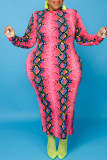 Pink Fashion Casual Print Basic O Neck Long Sleeve Plus Size Dresses