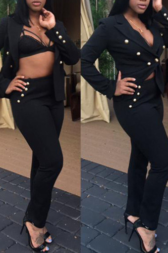 Black Casual Solid Patchwork Buckle Turn-back Collar Long Sleeve Two Pieces