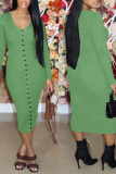 Light Green Casual Solid Split Joint Buckle V Neck One Step Skirt Dresses