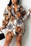 White Casual Print Patchwork Buckle With Belt Turndown Collar Shirt Dress Dresses