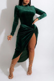 Ink Green Elegant Solid Patchwork Fold Asymmetrical Half A Turtleneck Long Sleeve Two Pieces