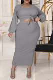 Black Fashion Casual Solid Bandage O Neck Plus Size Two Pieces