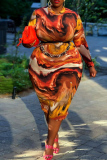 Orange Fashion Casual Print With Belt O Neck Long Sleeve Plus Size Dresses