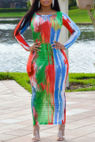 Colour Fashion Casual Print Tie-dye O Neck Long Sleeve Dresses