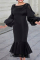 Black Fashion Patchwork Solid Hollowed Out See-through O Neck Long Sleeve Dresses