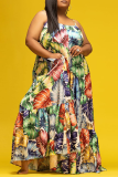 Colour Sexy Print Patchwork Spaghetti Strap Cake Skirt Plus Size Dresses