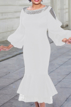 White Fashion Patchwork Solid Hollowed Out See-through O Neck Long Sleeve Dresses