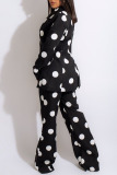 Black Casual Print Polka Dot Patchwork Buttons Turn-back Collar Long Sleeve Two Pieces