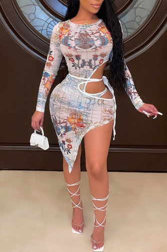 White Sexy Print Hollowed Out Patchwork Frenulum See-through Asymmetrical O Neck Long Sleeve Two Pieces