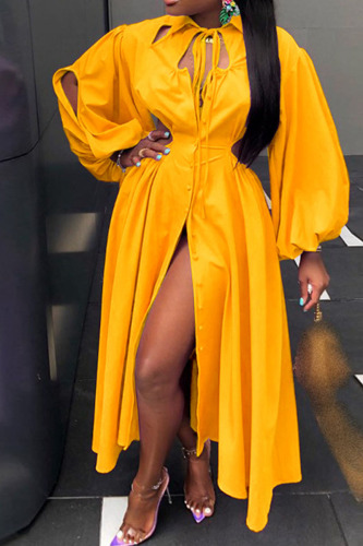 Yellow Casual Solid Hollowed Out Patchwork Frenulum Buckle Turndown Collar Shirt Dress Dresses