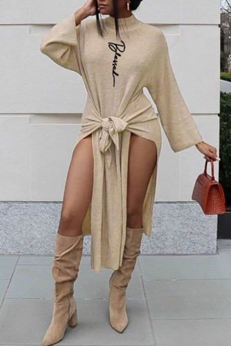 Beige Fashion Casual Print Slit Half A Turtleneck Long Sleeve Dresses