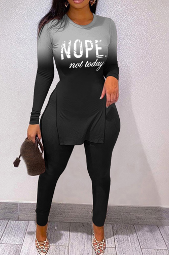 Black Casual Print Slit Letter O Neck Long Sleeve Two Pieces