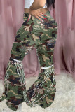 Camouflage Street Print Ripped Make Old Patchwork High Waist Boot Cut Denim Jeans
