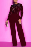 Burgundy Sexy Solid Patchwork See-through Sequins O Neck Straight Jumpsuits