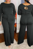 Dark Gray Casual Solid Patchwork Frenulum O Neck Plus Size Jumpsuits