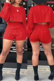 Red Fashion Casual Solid Basic O Neck Long Sleeve Two Pieces