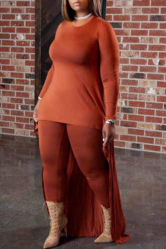 Deep Coffee Casual Solid Patchwork Asymmetrical O Neck Plus Size Two Pieces