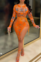 Orange Sexy Print Hollowed Out Split Joint Frenulum See-through Asymmetrical O Neck Long Sleeve Two Pieces