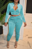 Light Blue Sexy Solid Patchwork Zipper Collar Long Sleeve Two Pieces