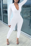 White Casual Solid Patchwork Zipper Regular Jumpsuits
