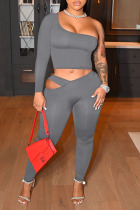 Grey Sexy Solid Hollowed Out Split Joint Asymmetrical Oblique Collar Long Sleeve Two Pieces
