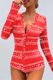 Red Fashion Casual Print Patchwork V Neck Long Sleeve Skinny Romper