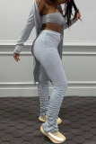 Grey Sexy Solid Patchwork Fold Strapless Long Sleeve Two Pieces